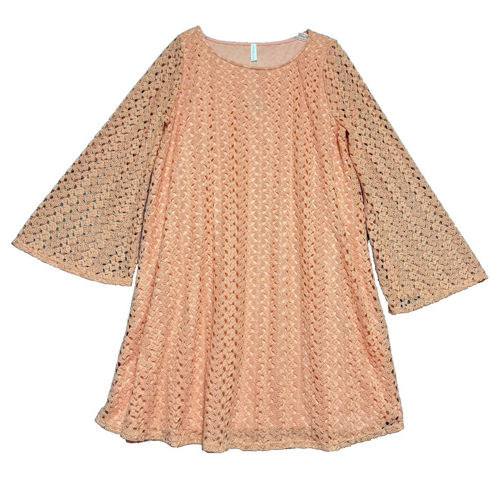 PinkBlush Lace Dress L Peach Bell Sleeve Crochet Overlay Boho Shabby Chic Summer